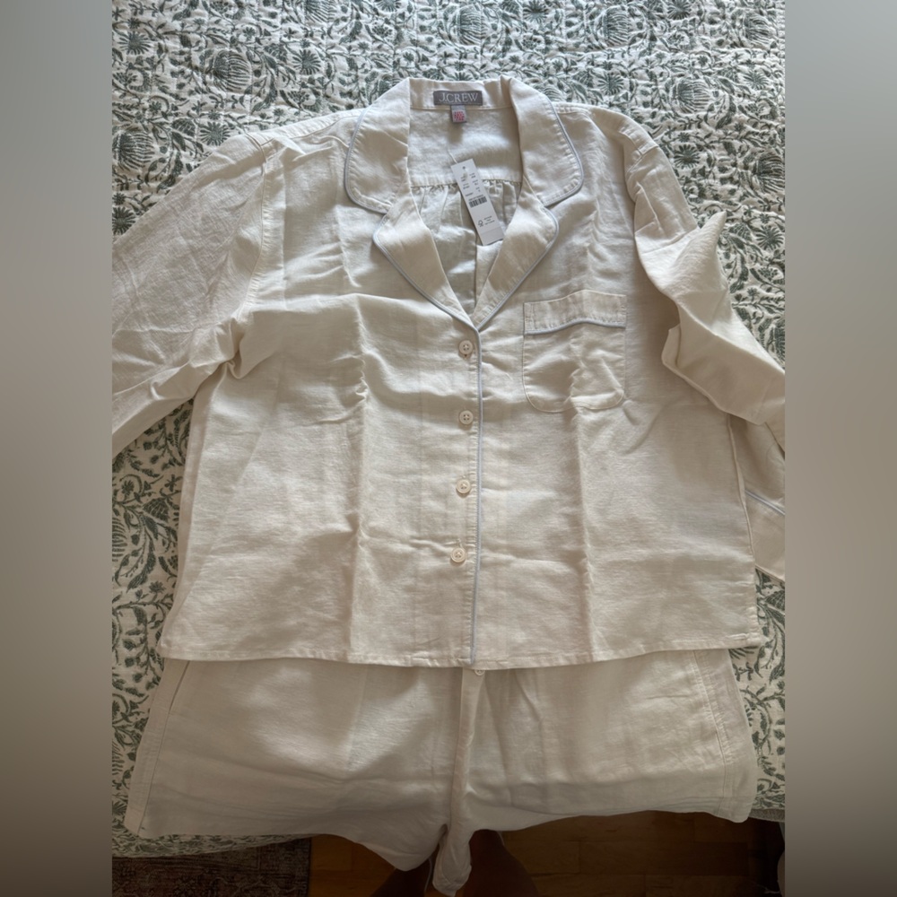 J. Crew Long-sleeve pajama short set in linen-cotton blend